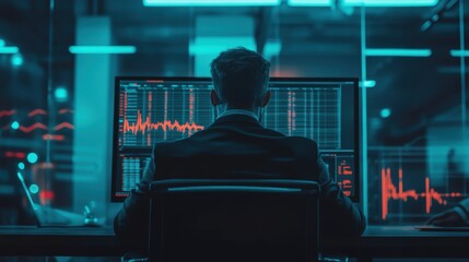 Business Professional Analyzing Financial Data on Large Computer Monitor in a Modern Office Environment with a Focus on Digital Displays and Analytics