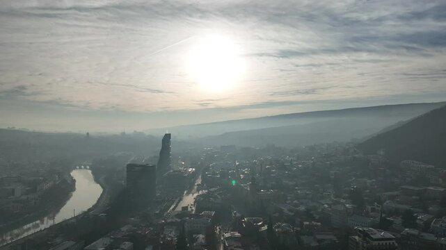 Tbilisi, Georgia - January 13 2025: Flying over Shota Rustaveli avenue in the center of city