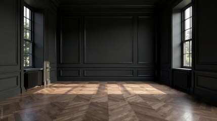 Elegant Dark Room Interior with Hardwood Floor and Sunlight Streaming Through Windows