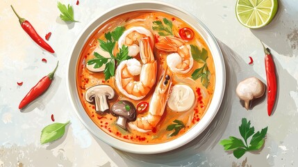 Colorful Illustration of Delicious Thai Tom Yum Soup with Shrimp