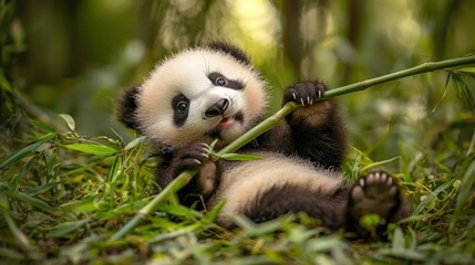 Obraz premium A baby panda is playing with a bamboo stick