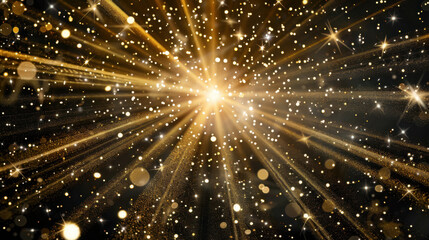 Fototapeta premium Golden light burst with sparkling particles and radiant beams creating magical atmosphere, perfect for celebrations and festive occasions