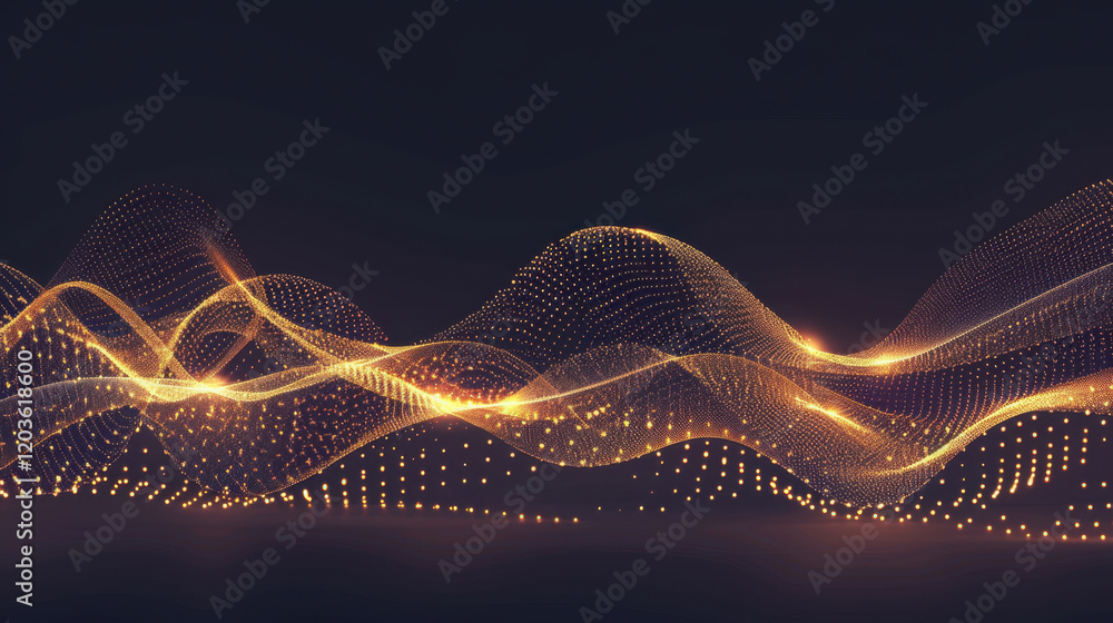 Poster abstract golden wave pattern with glowing dots and lines, creating sense of movement and energy in d