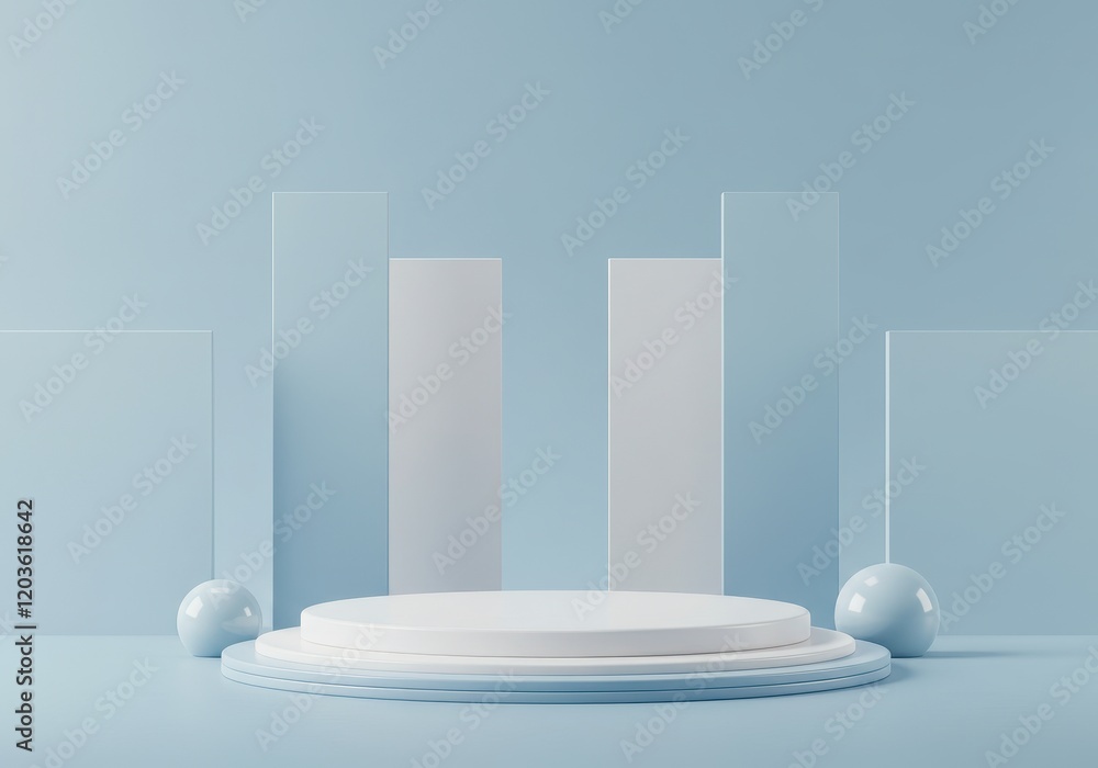 Poster a 3d minimalist design of a white circular podium surrounded by large rectangular panels in a gradie