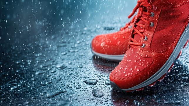 This close-up image showcases detailed red athletic shoes on a wet surface, capturing water droplets and emphasizing their sporty appeal amidst a rainy backdrop. - Powered by Adobe