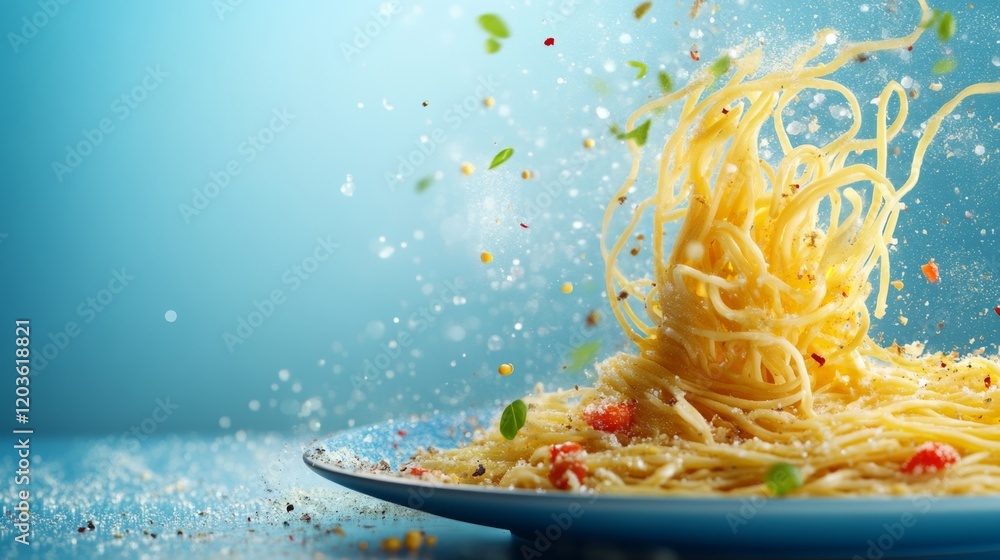 Poster dynamic composition featuring noodles in a flourish of ingredients