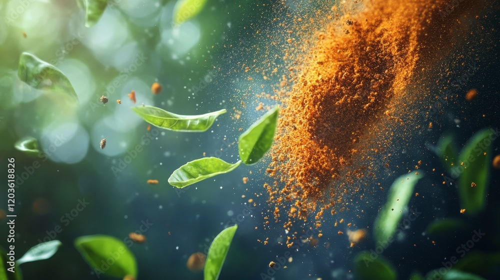 Poster swirling spices and fresh leaves in dynamic close-up shot