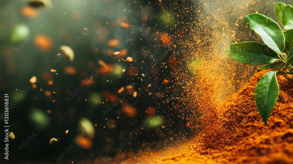 Poster Dynamic Close-Up of Swirling Spices with Leaves on Ground Surface