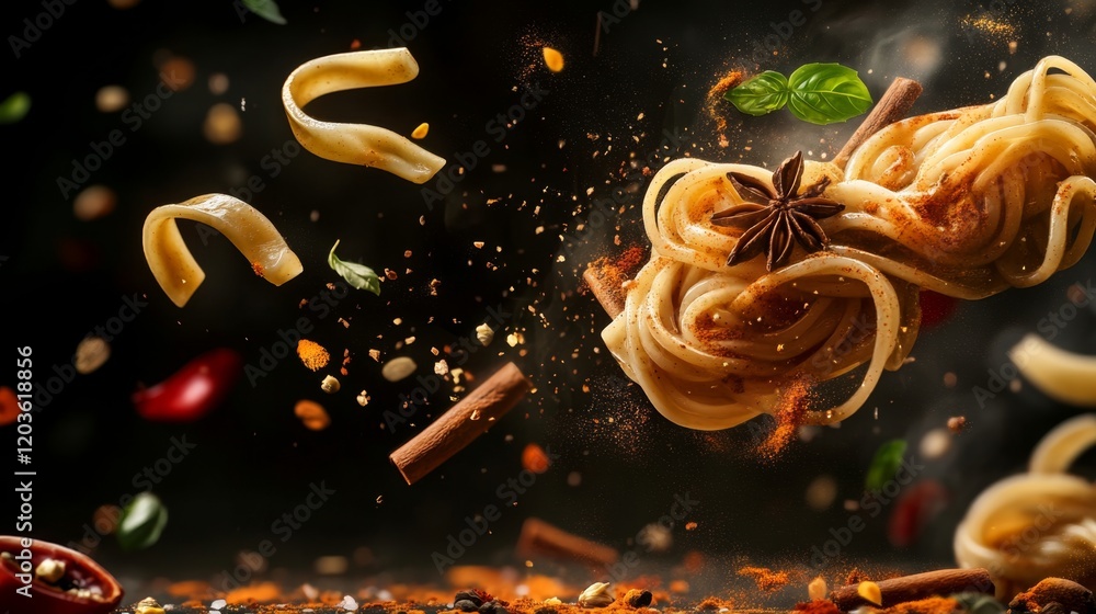 Poster dynamic scene of twirling noodles surrounded by vibrant spices