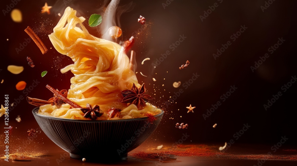 Aufkleber dynamic scene of twirling noodles in a bowl with spices and steam