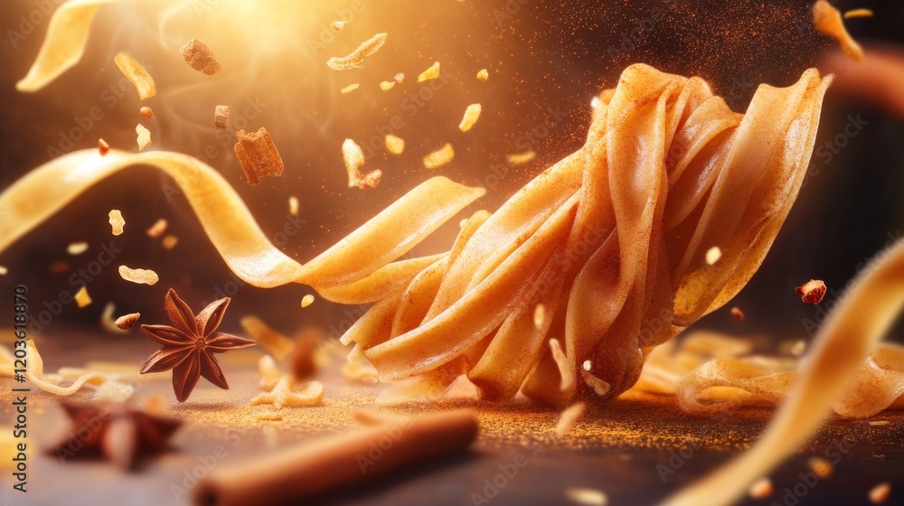 Aufkleber dynamic scene of twirling noodles and floating spices in 2d