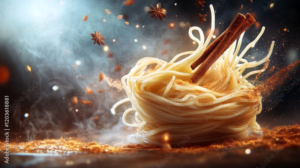 Poster dynamic twirling noodles in a floating ghostly scene