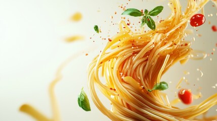 Dynamic Illustration of Spiraling Noodles with Fresh Ingredients