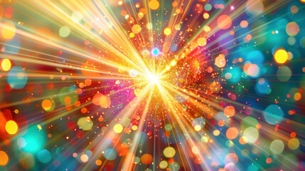 Fototapeta premium Colorful light burst with vibrant rays and bokeh effects creating festive atmosphere, perfect for celebrations and joyful occasions