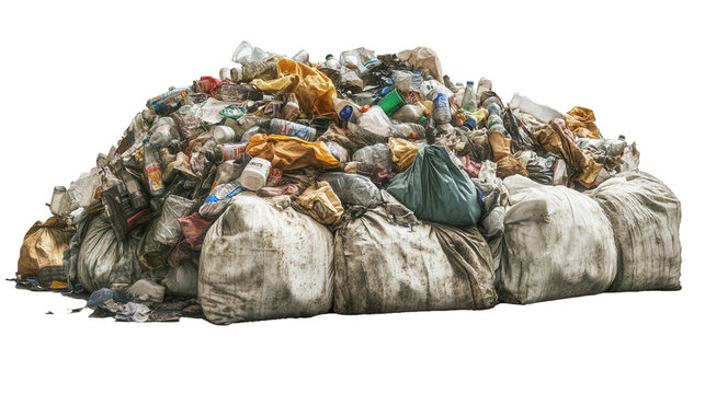 Transparent Garbage Bags Filled with Waste, Isolated on White Background for Environmental Projects