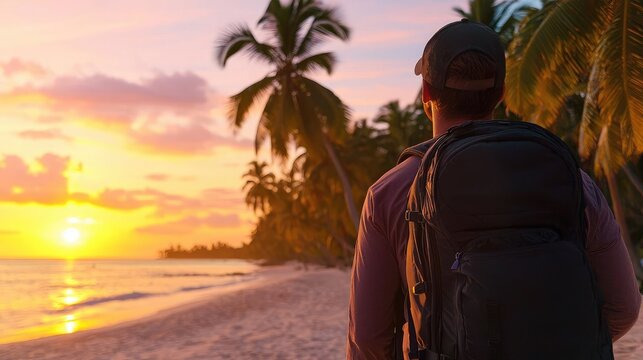 Traveler watching sunset on tropical beach.  Use Travel blog, vacation planning