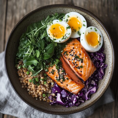 Baked salmon with boiled eggs, buckwheat, fermented cabbage and fresh greens. Served on a plate with sesame, olive oil and herbs. Healthy balanced food recipe for microbiome. Mediterranean meal