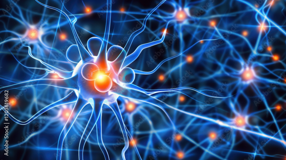 Poster abstract representation of neurons with glowing connections, showcasing complexity of nervous system