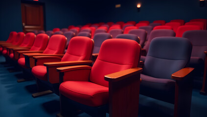Obraz premium Luxurious Red Movie Theater Seats in a Dimly Lit Empty Cinema