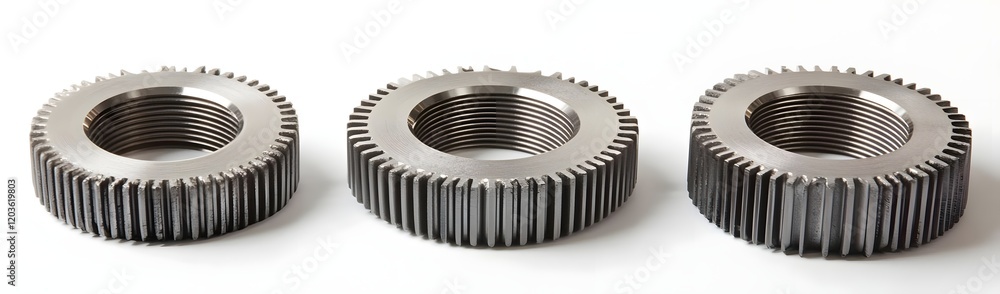 Aufkleber three metallic gears with internal threading, used in machinery or mechanical applications.