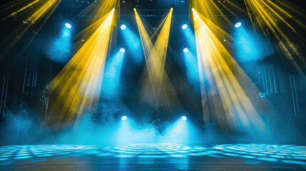 Bright stage lights illuminate performance area with vibrant beams of yellow and blue, creating dramatic atmosphere filled with smoke