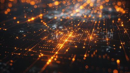 Obraz premium vibrant digital landscape with glowing orange lights and intricate patterns, representing technology and data flow. image evokes sense of innovation and connectivity