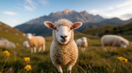 Obraz premium A playful sheep stands prominently in a field, with magnificent mountains in the background, beautifully illuminated by the golden light of the evening sun.
