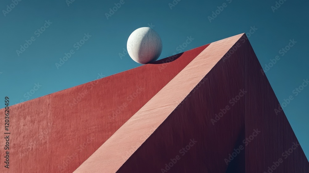 Poster abstract architectural composition featuring a red structure with a white sphere atop against a blue