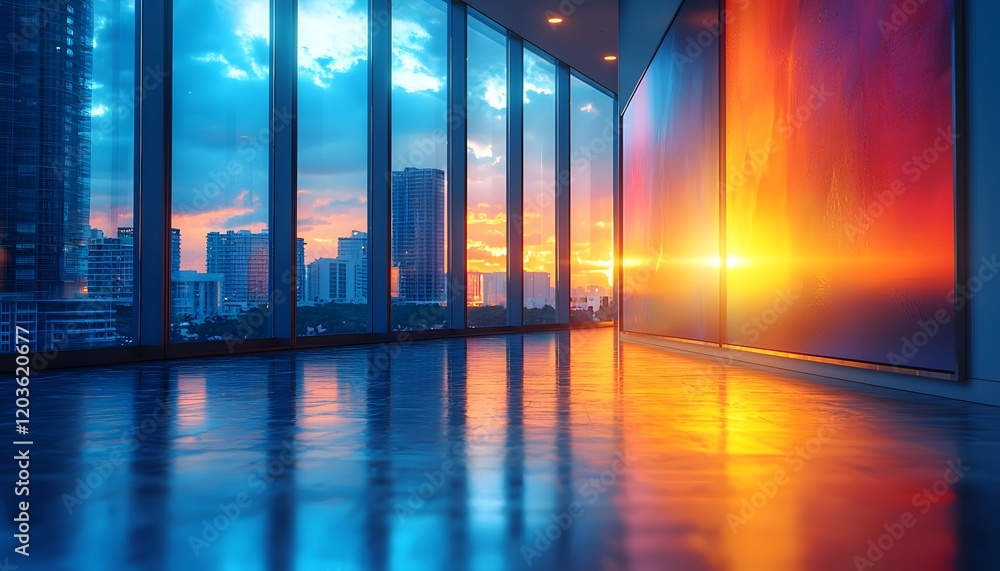 Poster stunning sunset reflection in a modern high-rise building with floor-to-ceiling windows offering a b