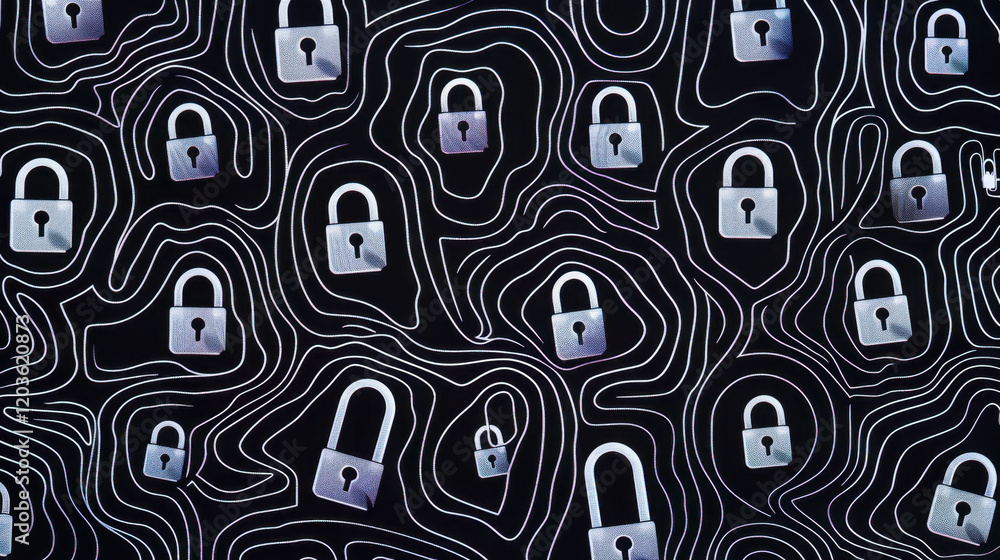 Poster seamless pattern featuring various padlocks on dark background, symbolizing security and protection.