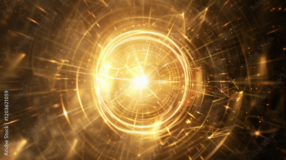 Poster abstract golden light burst with swirling patterns and glowing lines, creating sense of energy and m