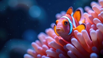 Vibrant Orange and White Fish in a Pink Sea Anemone, Underwater Marine Life Close-Up