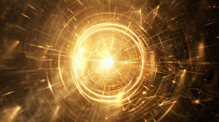 Obraz premium Abstract golden light burst with swirling patterns and glowing lines, creating sense of energy and motion, perfect for backgrounds or digital art