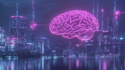 Neon Graffiti Art of an AI Brain Scanning a Futuristic Cityscape with Bold Lines and Contrasting Fluorescent Hues in a Vibrant Urban Environment