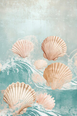 Artistic depiction of seashells amidst flowing waves, serene and coastal, in soft color palette