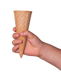 kid hand hold empty ice cream biscuit cone