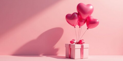 Pink Heart Balloons Ascend Above a Pink Gift Box on a Pastel Background