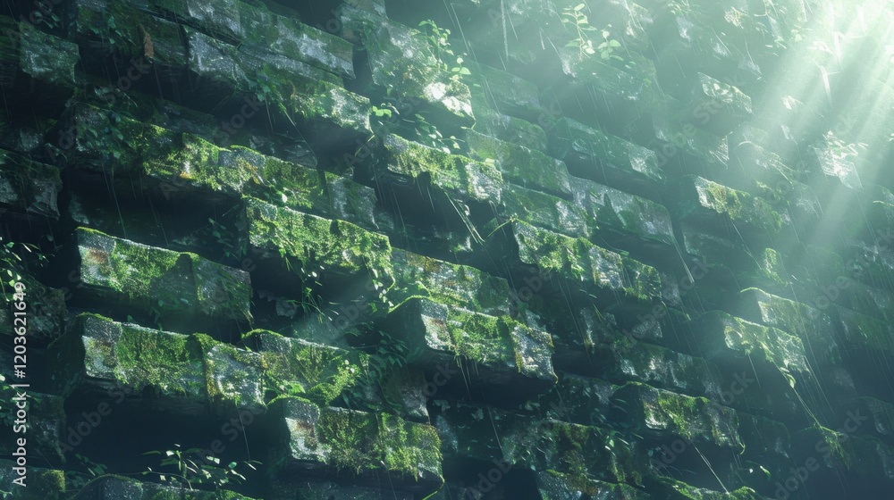 Poster moss covered stone wall with sunlight filtering through, creating serene atmosphere. greenery adds t