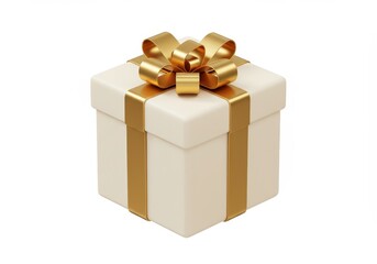 A 3D illustration of an elegant cream-colored gift box wrapped with a shiny golden ribbon and bow