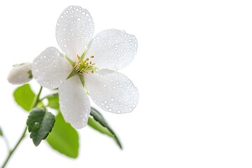 Naklejka premium Close-up of a delicate white flower with water droplets.