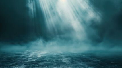 Naklejka premium Mysterious ocean scene with soft light rays illuminating water surface, creating serene atmosphere