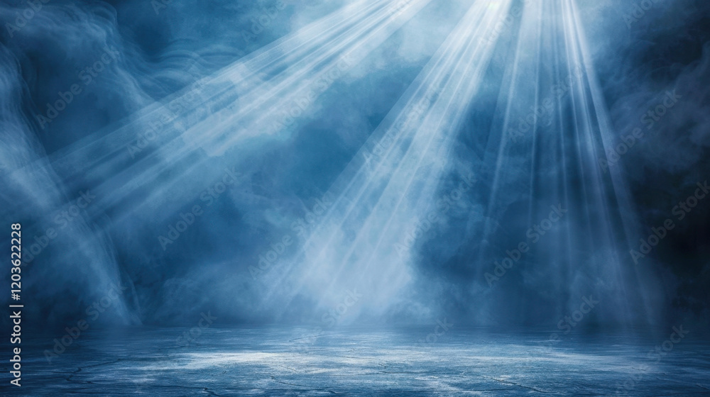 Poster mysterious blue background with light rays and fog creating ethereal atmosphere. ideal for fantasy o