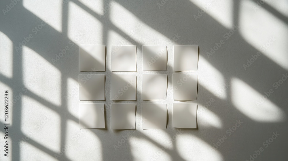 Poster a grid of blank sticky notes on a sunlit surface, casting shadows from window panes