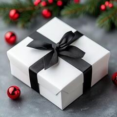 White gift box with black ribbon and red decorative ball on a neutral background
