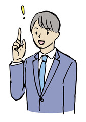 人差し指を立てて理解したポーズをするスーツを着た若いビジネスマンの男性の上半身