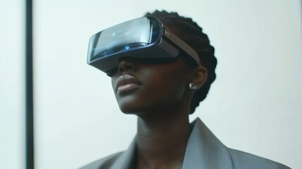 Young Professional Wearing a Sleek VR Headset Engaged in AI Design Program in a Softly Lit Modern Interior Environment for Innovative Technology Showcase
