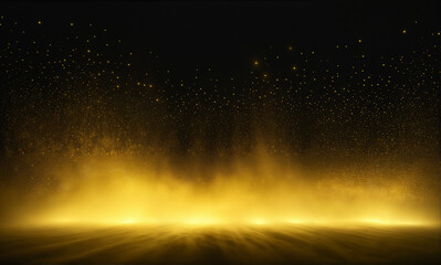   A mesmerizing scene of golden yellow fog illuminated from within against a pitch-black canvas, with glowing particles and subtle light rays that create a highly detailed and intricate inte
