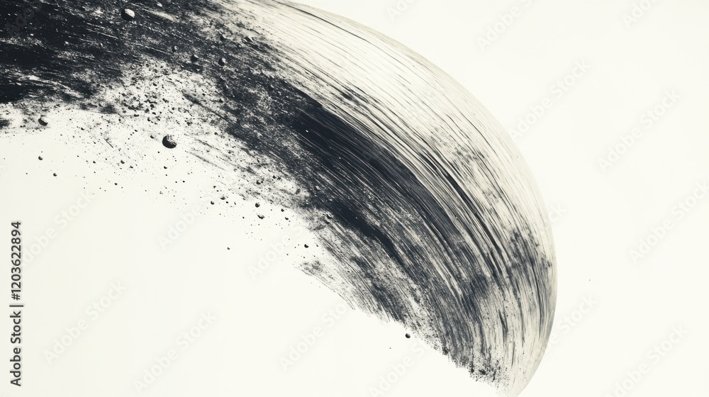 Poster abstract brush stroke creating dynamic motion with splashes, set against a minimalist background