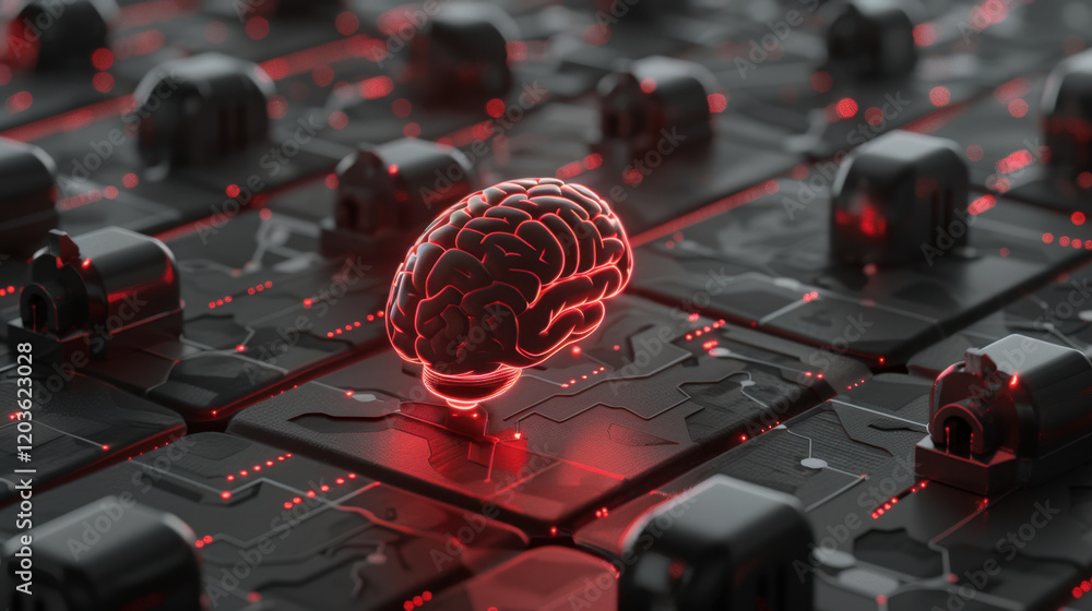 Poster futuristic brain design on circuit board, glowing red, symbolizing technology and intelligence. intr