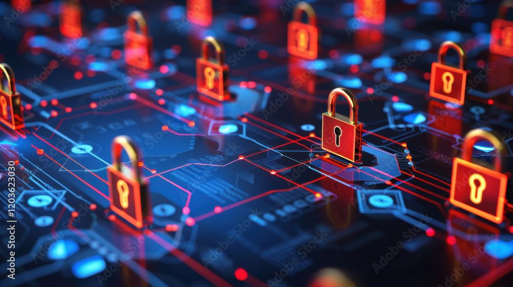 Poster digital locks on network, symbolizing cybersecurity and data protection. vibrant colors and intricat